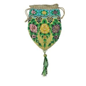 Antique Victorian Beaded Reticule Purse w/ Floral Roses Crochet Top &‎ Tassel